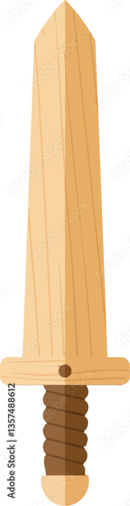 Poster wooden sword with a straight blade and textured handle in flat design style showcasing minimalistic 
