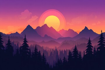 A stylized landscape featuring mountains trees and a vibrant sunset