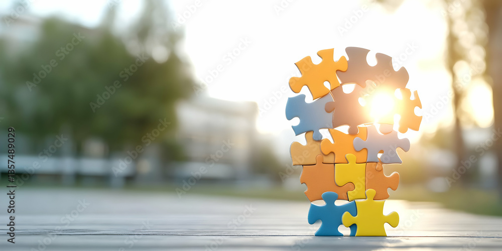Poster bright colorful puzzle pieces stacked on a wooden surface with sunlight and blurred background repre
