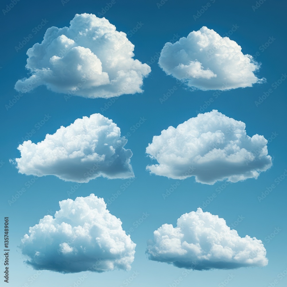 Poster fluffy cumulus clouds floating in a gradient blue sky creating a serene and peaceful atmosphere idea