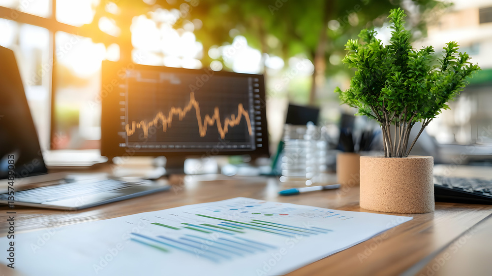 Poster bright desk with financial charts plant and computer screen displaying graph with bokeh lighting in 