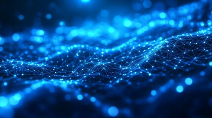Futuristic Blue Glowing Network Nodes – Digital Connectivity and Advanced Technology in Cyber Landscape with Abstract Data Visualization and Virtual Innovation Theme"