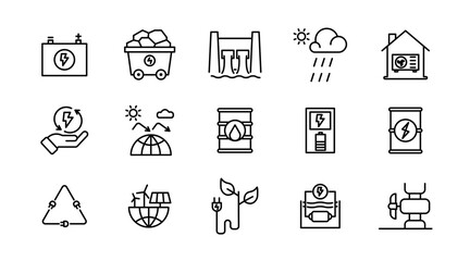 Fototapeta premium Renewable energy line icon set. Energy, efficiency, solar energy, green, sunlight, wind, and water outline icon collection. UI thin outline icon pack