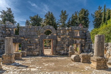 Inside the ancient Bar'am Synagogue in Bar'am National Park in northern Israel near the Lebanese...