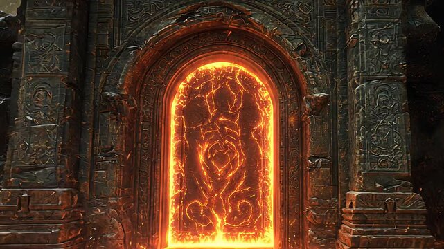 Ancient fiery door with intricate stone carvings glowing with molten lava, leading into a mysterious underworld

