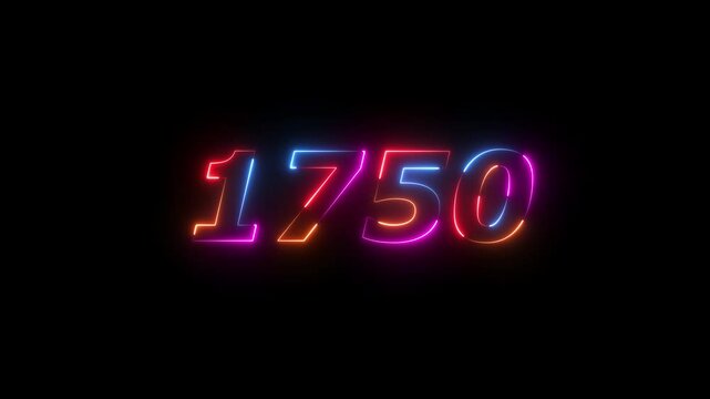 neon sign 1750 ,Four neon color Glowing neon number text background 4k video animation . 1750  title metal text on black alpha channel background