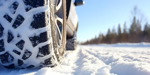 Car Tire Covered in Snow on a Winter Road with Blue Sky in a Sunny Day Showing Vehicle Wheel and Tire Marks Creating a Cold and Icy Environment for Seasonal Travel and Outdoor Adventure