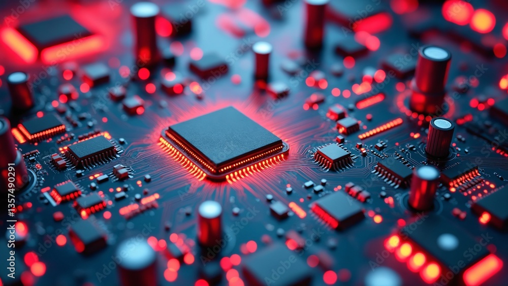 Poster Abstract Close-Up of Futuristic Circuit Board with Glowing Red Elements and Intricate Details Highlighting Technology and Innovation
