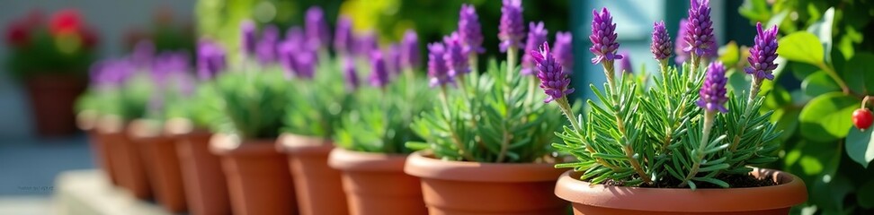 Obraz premium Close-up of vibrant rosemary plants with purple flowers in terracotta pots, botanical, close-up