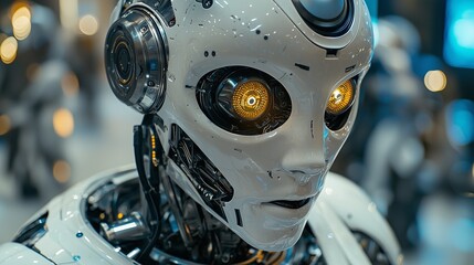 Fototapeta premium Close-up of humanoid robot with mechanical features and glowing yellow eyes in futuristic setting