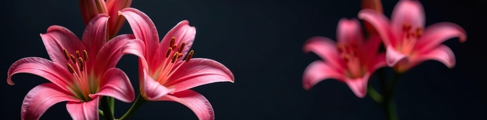 Fototapeta premium Close up of vibrant sword lily flowers in pink hues on dark background with copy space, blooming, copy space