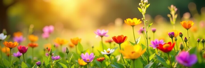Close-up of vibrant wildflowers blooming in a lush meadow under the golden sunlight,  meadow,  wild