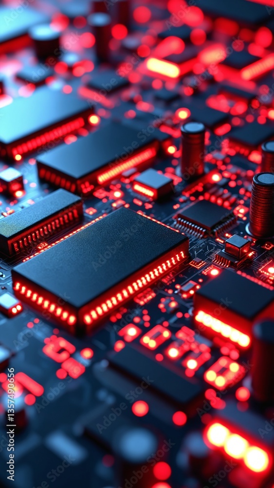 Poster Abstract Close-Up of Futuristic Circuit Board with Glowing Red Elements and Intricate Details Highlighting Technology and Innovation