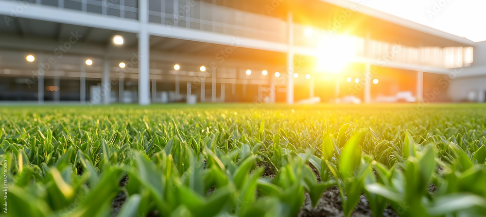 Poster close up green grass field under golden sunset light with modern building structure in background lo