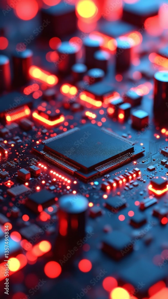 Poster Abstract Close-Up of Futuristic Circuit Board with Glowing Red Elements and Intricate Details Highlighting Technology and Innovation
