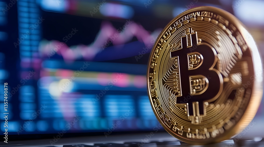 Poster close up of a golden bitcoin coin on laptop keyboard with blurred stock market chart in background r