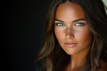 Naklejka premium A stunning model image set against a deep black background, emphasizing the subject's features.