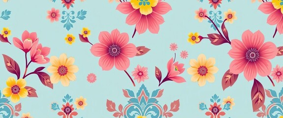 Pastel blue, pink, yellow floral & geometric oriental pattern Seamless traditional batik design for textile, wallpaper, background, retro, wallpaper