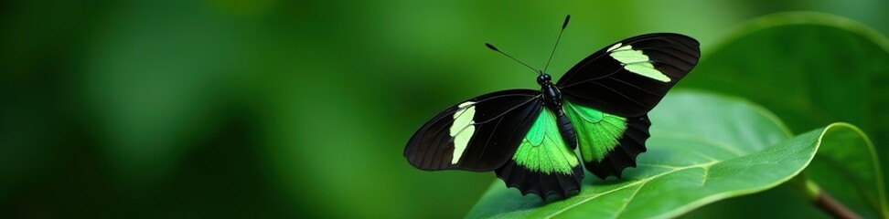 Close-up photo of an Australian Richmond Birdwing Butterfly with vibrant green and black wings resting on a leaf,  macro,  nature