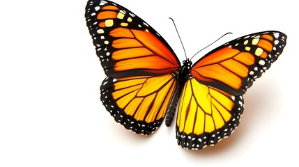 Fototapeta premium Orange butterfly with black stripes on white background.