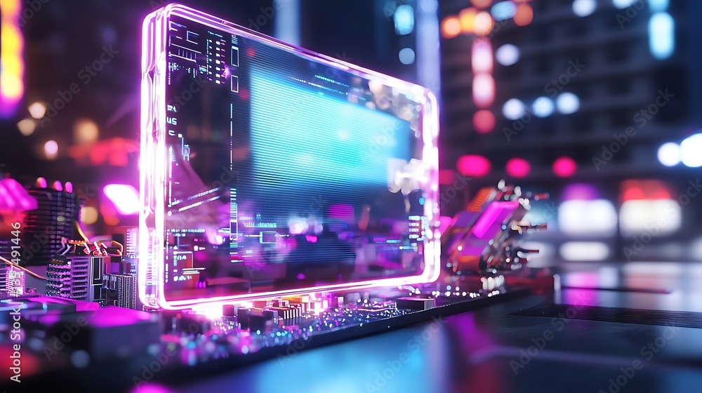 Poster futuristic technology display on circuit board with neon lights and digital interface design