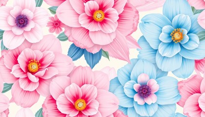 Fototapeta premium Pastel pink and blue floral seamless pattern with large brushstrokes, perfect for textile and wallpaper, blue, background