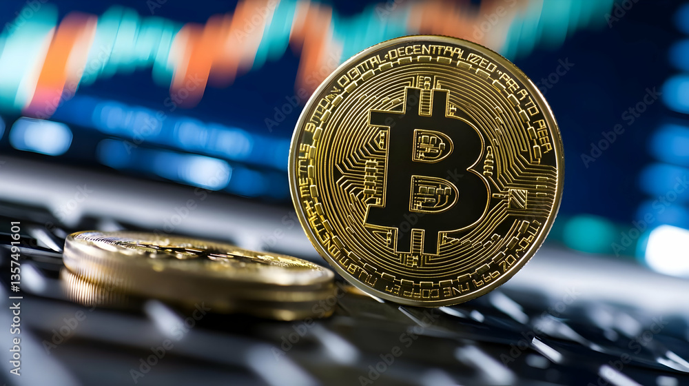 Poster close up of golden bitcoin coin with intricate details resting on a laptop keyboard against a blurre