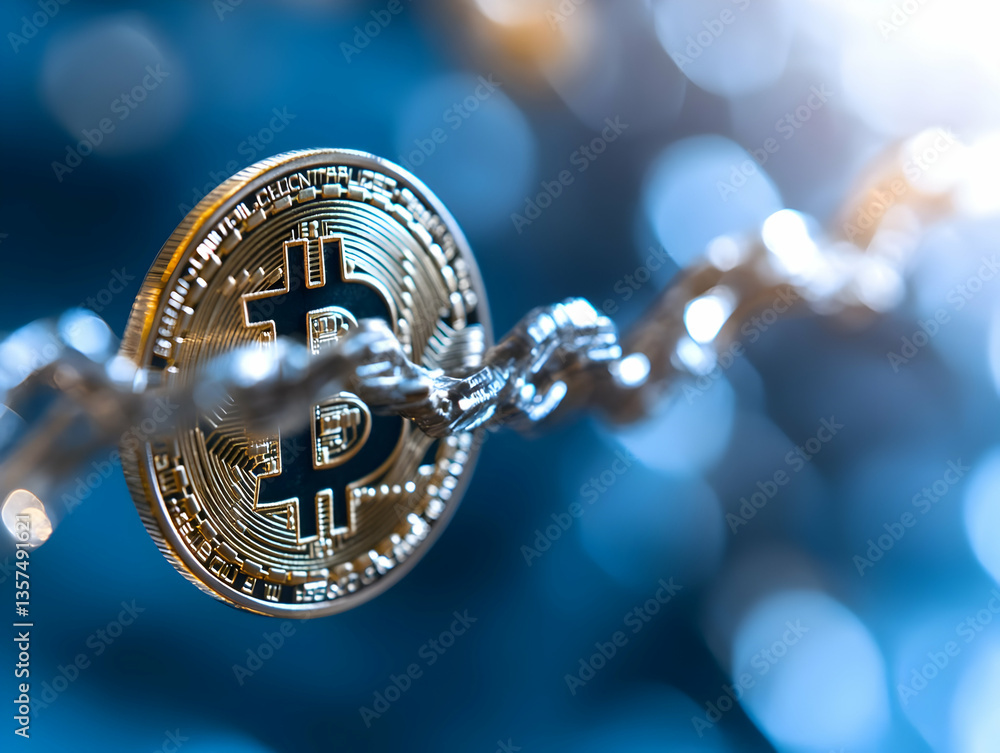 Poster close up of golden bitcoin coin on silver chain against a soft blue background showcasing digital cu