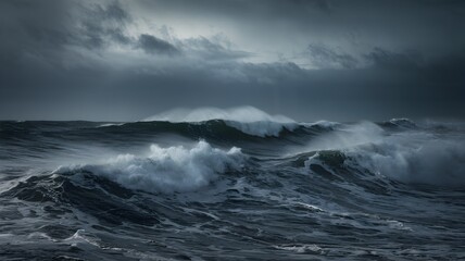 Obraz premium A view of a cloudy sky and a stormy sea. Clouds cover the sky and the storm churns along with the ocean waves.