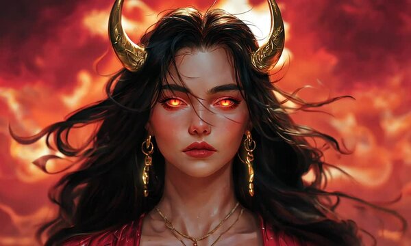 Demonic woman with glowing red eyes and golden horns staring fiercely against fiery red background. Concept of powerful dark fantasy
