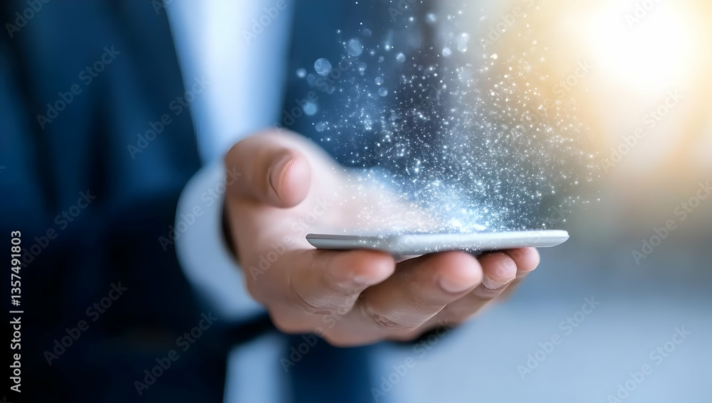 Poster close up of hand holding a smartphone with blue light bokeh effect on a blurred background a modern 