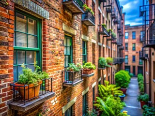 Fototapeta premium Macro Shot of Apartment Building Exterior Details: Brickwork, Windows, and Plants