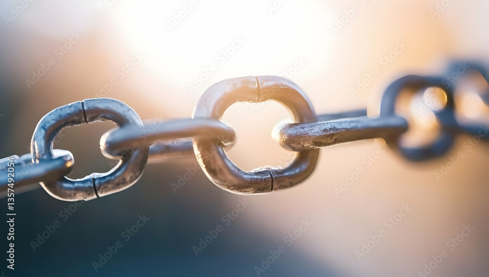 Poster close up of interlocked metal chain links reflecting warm sunlight showcasing strength and security 