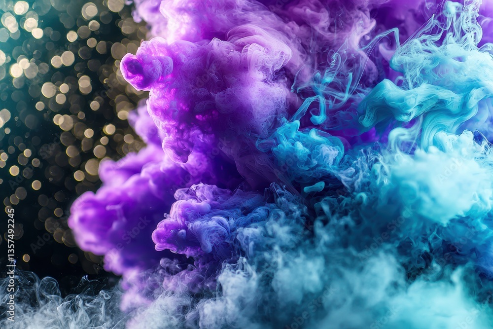 Poster abstract and surreal ink explosion of vibrant purple and blue mixing, creating a mesmerizing dreamy 