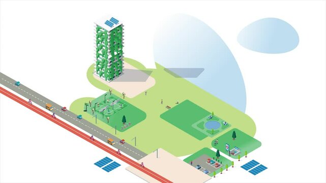 Eco-friendly sustainable skyscraper emerging in urban isometric landscape animation. 2d animation motion graphic