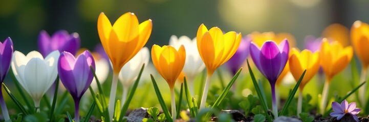 Naklejka premium Creative banner with vibrant yellow, white, violet, and purple crocuses blooming in a garden, perfect for cards and posters, versatile, backgrounds