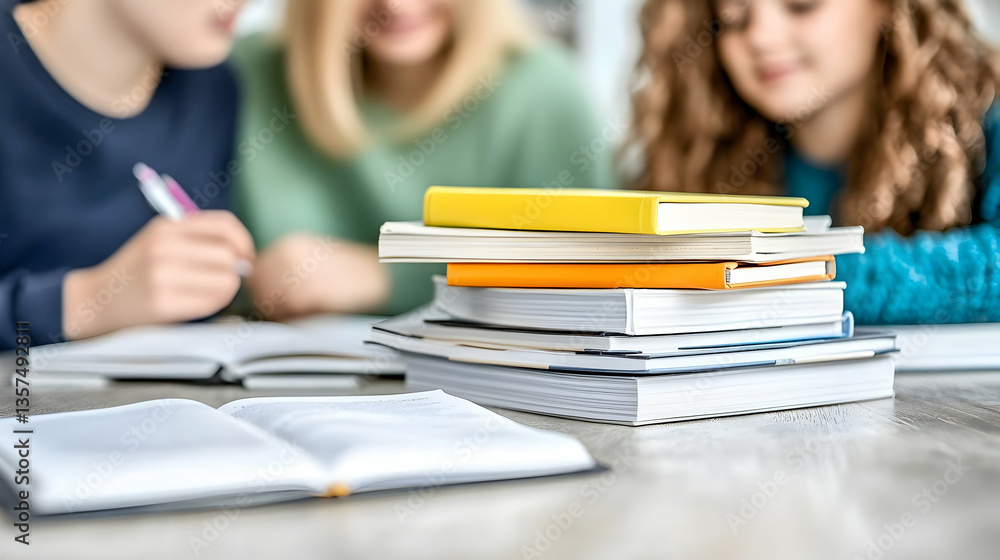 Aufkleber close up of stacked books on a table with blurred students in background showing education and learn