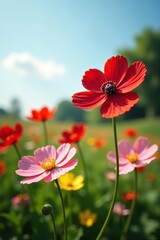 Closeup shot of blooming anemone flowers in vibrant colors on a sunny field,  field,  closeup