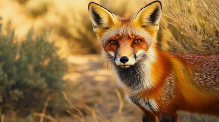 A close-up of a vibrant red fox in the wild, captured with perfect clarity,