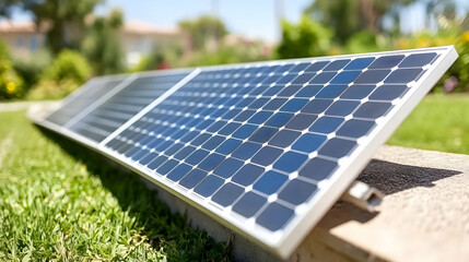 Close Up of Solar Panels on a Green Lawn with White Frame and Deep Blue Cells Promoting Sustainable Energy in a Residential Neighborhood Under a Sunny Summer Sky
