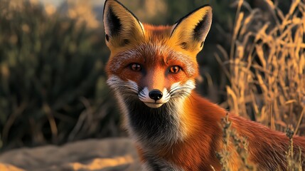 A close-up of a vibrant red fox in the wild, captured with perfect clarity,