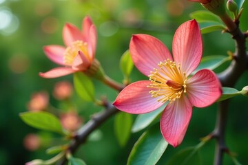 Close-up shot of eucalyptus tree flowers and seeds in natural setting, showing intricate details and vibrant colors,  branches,  environment