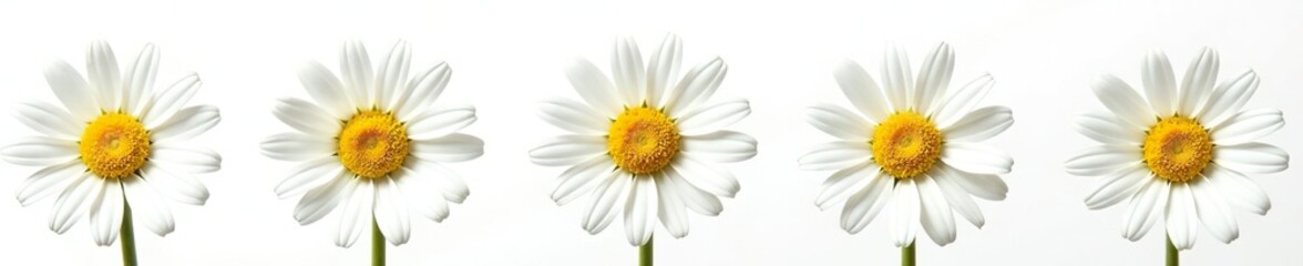 Fototapeta premium Close up shot of fresh chamomile flowers with vibrant yellow centers and delicate white petals, isolated on a white background, isolated, white