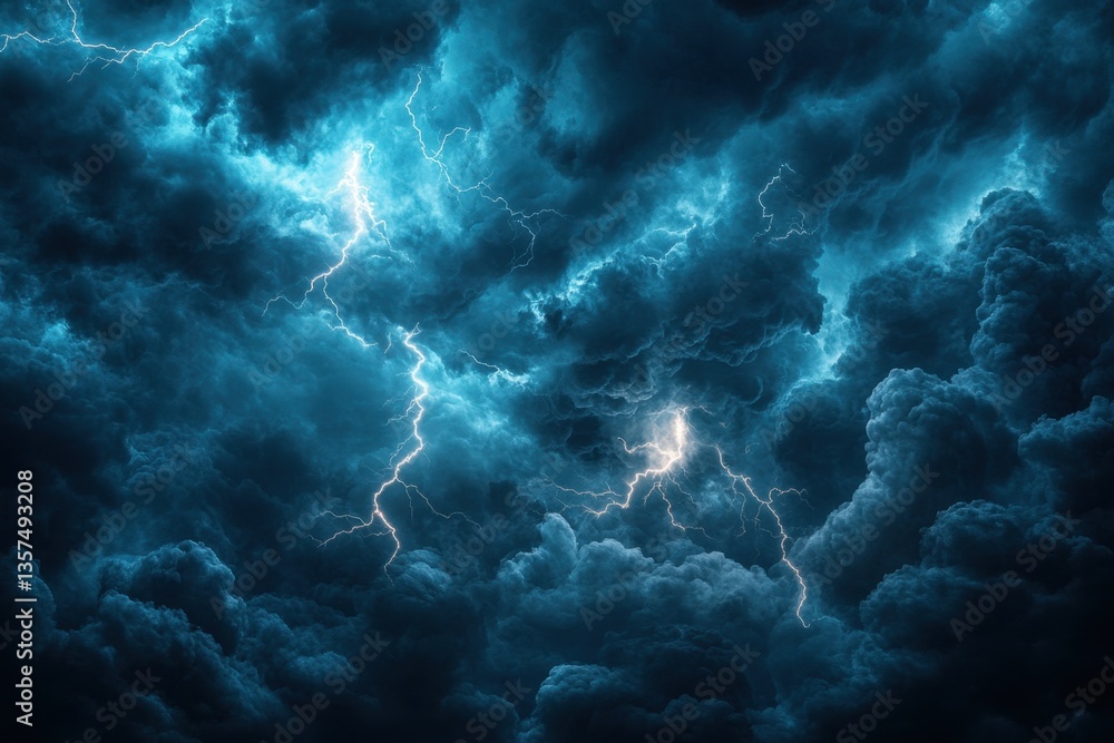 Poster dramatic sky with intense lightning strikes illuminating dark storm clouds creating a powerful and a