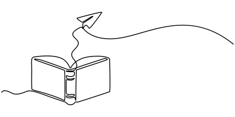 Continuous one line drawing of open book with flying paper plane. Vector illustration on whit Book with flying paper airplane continuous line drawn.  Education linear symbol.e background. 