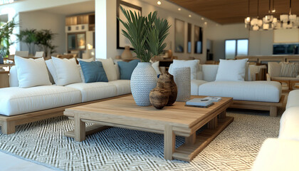 An image of a transitional living room with a minimalist transitional vibe, shot wide to capture the entire space, featuring linen upholstered furniture and wood furnishings, a washed wood coffee tabl