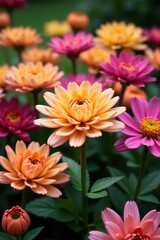 Obraz premium Close up shot of vibrant Chrysanthemum flowers in a garden, showcasing a range of colorful blossoms, blossoms, flowers