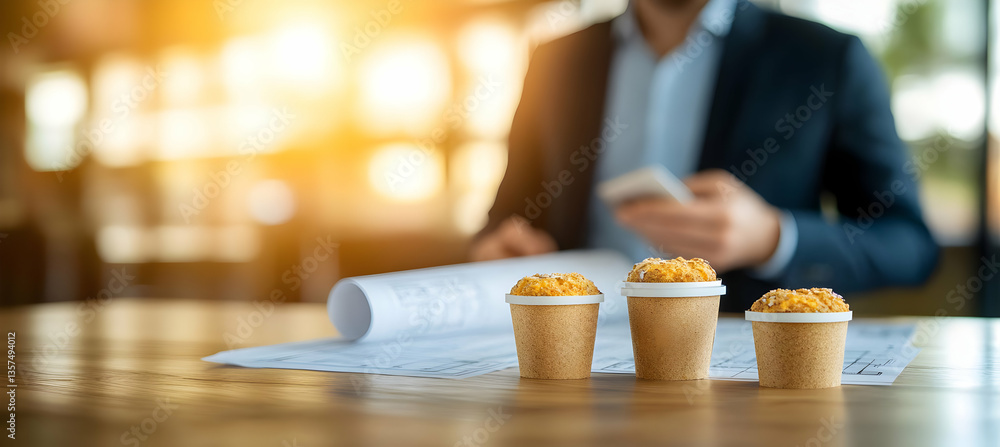 Poster conceptual workplace three coffee cups on wooden table with blueprints and a business man using mobi