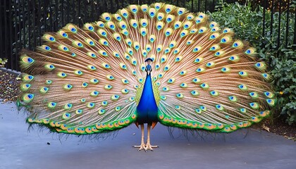 A colorful peacock spreading its tail feathers, showcasing a spectrum of vibrant hues,