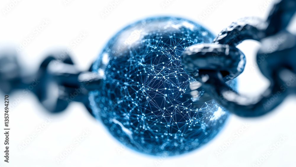 Poster connected blue sphere in metal chain against white backdrop depicting technological network security